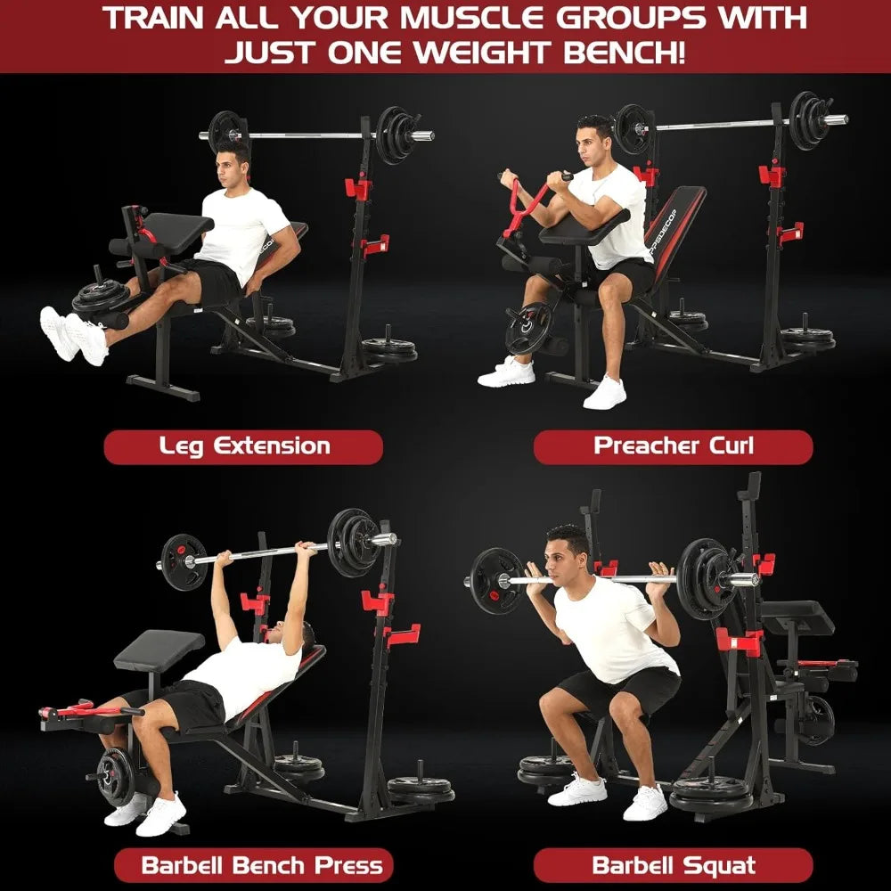 900LBS Weight Bench Set with Squat Rack & Curl Bench