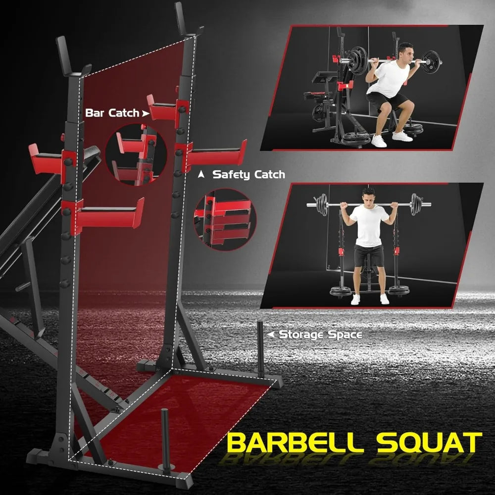 900LBS Weight Bench Set with Squat Rack & Curl Bench