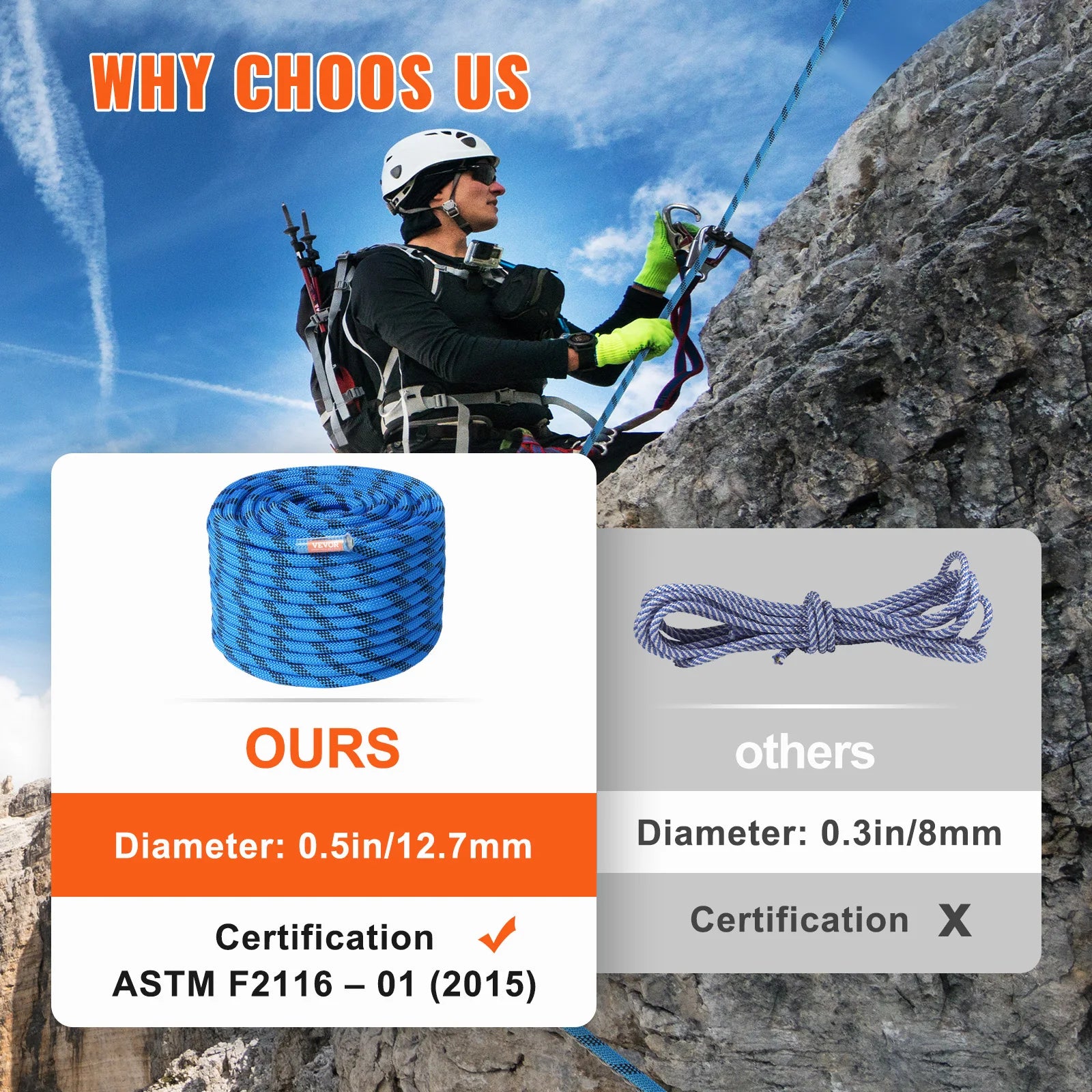 VEVOR 12.7mm Static Climbing Rope with Hooks