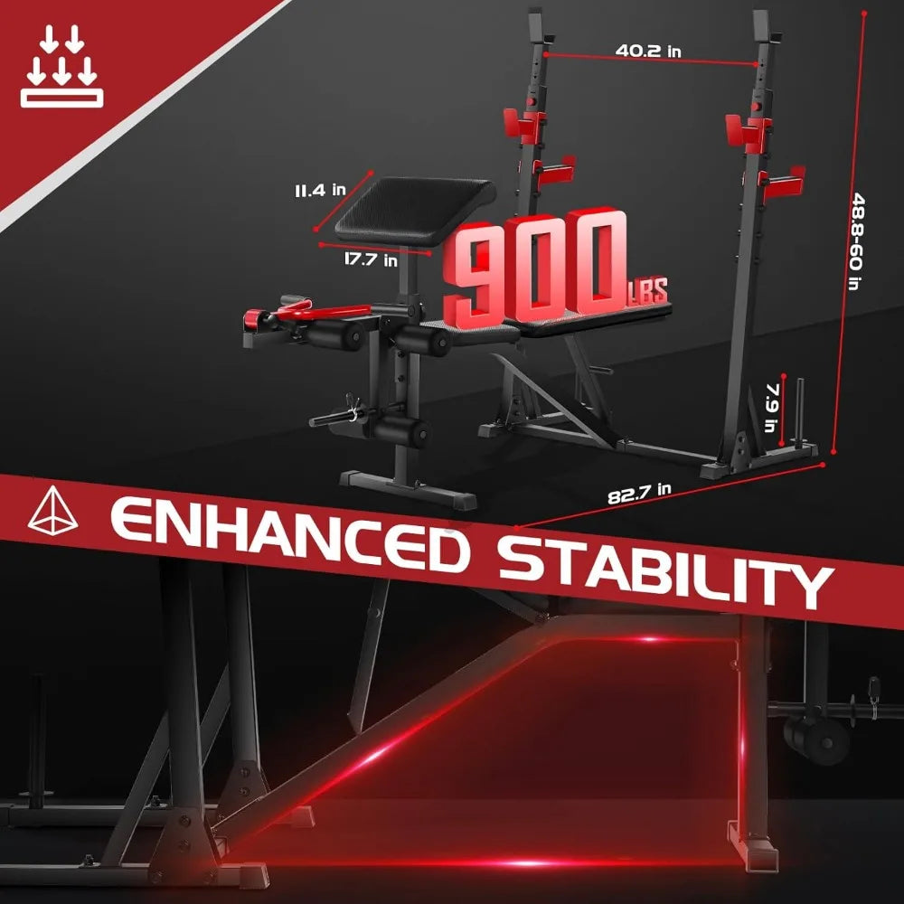 900LBS Weight Bench Set with Squat Rack & Curl Bench