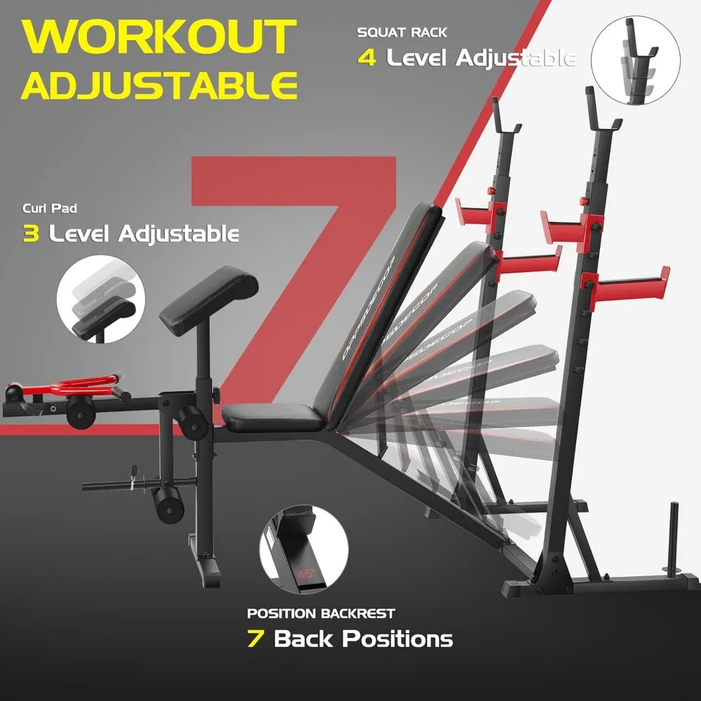 900LBS Weight Bench Set with Squat Rack & Curl Bench