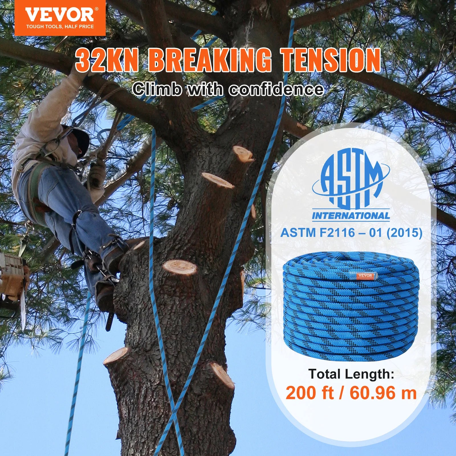 VEVOR 12.7mm Static Climbing Rope with Hooks